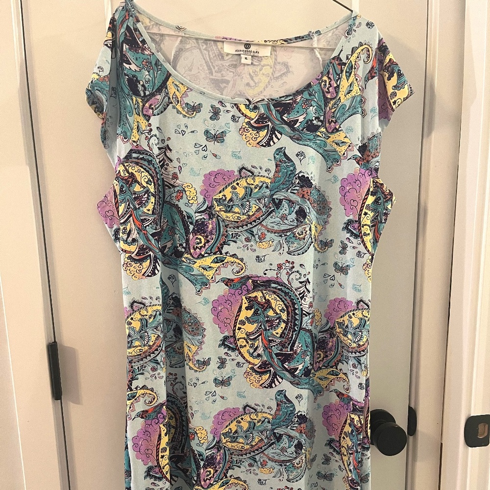 Jean-Pierre Klifa Paris Dress Cap Sleeve Mini Bird Abstract Rayon Light Blue XL